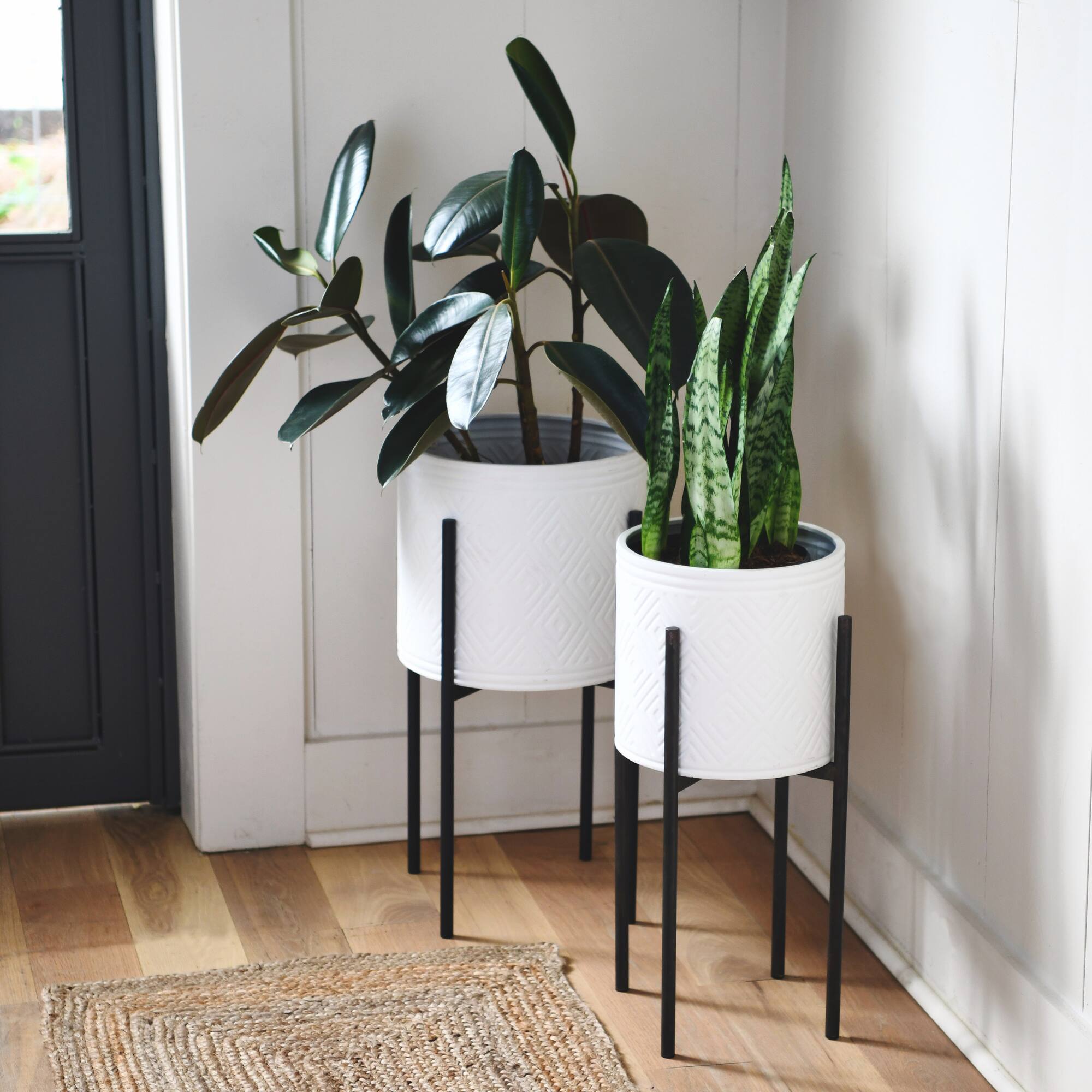 Hello Honey® White & Black Boho Embossed Metal Planters with Stands Set